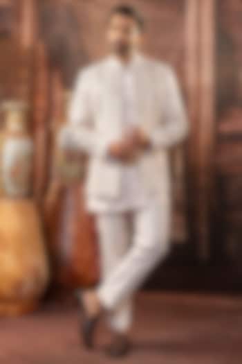 White Dupion Silk Machine Embroidered Open Wedding Indowestern Set by ADANI at Pernia's Pop Up Shop