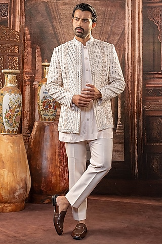 White Dupion Silk Machine Embroidered Open Indowestern Set by ADANI