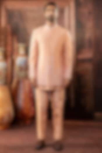 Peach Dupion Silk Mirror Work Open Wedding Indowestern Set by ADANI at Pernia's Pop Up Shop