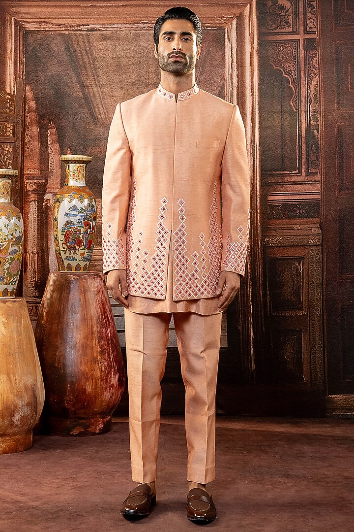 Peach Dupion Silk Mirror Work Open Wedding Indowestern Set by ADANI at Pernia's Pop Up Shop