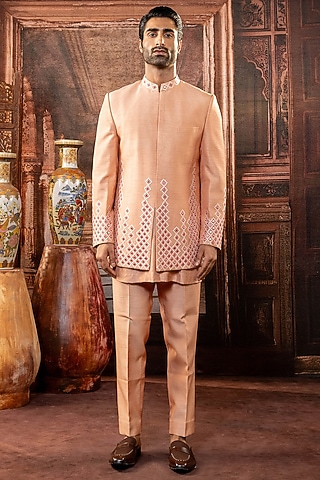Peach Dupion Silk Mirror Work Open Indowestern Set by ADANI