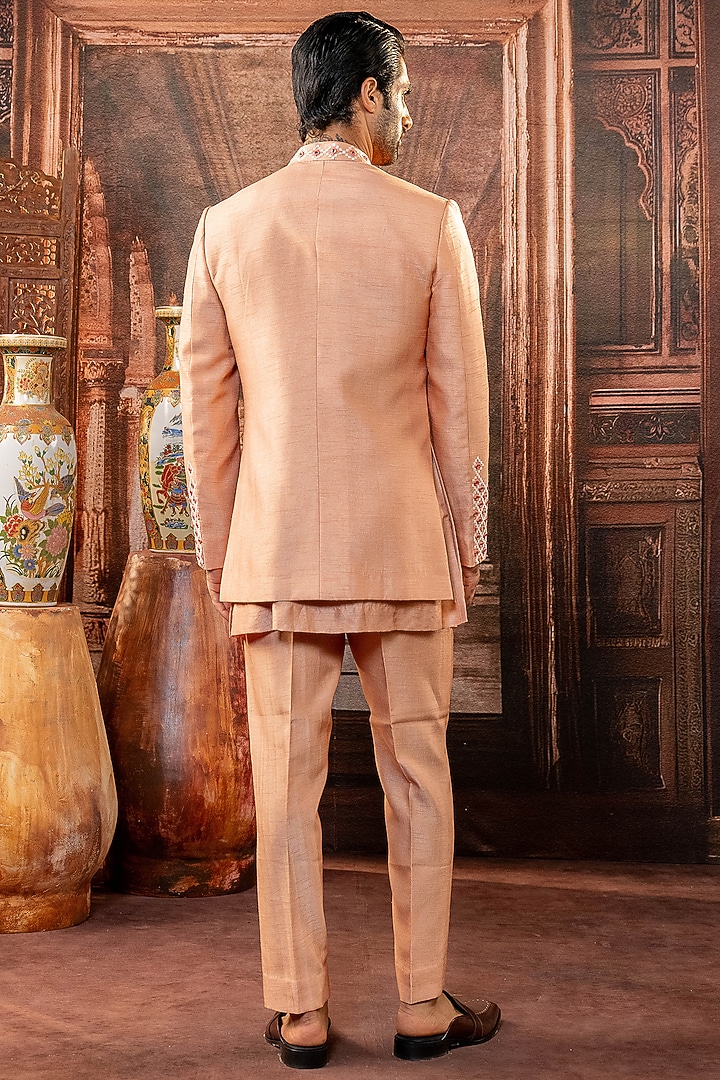 Peach Dupion Silk Mirror Work Open Wedding Indowestern Set by ADANI at Pernia's Pop Up Shop