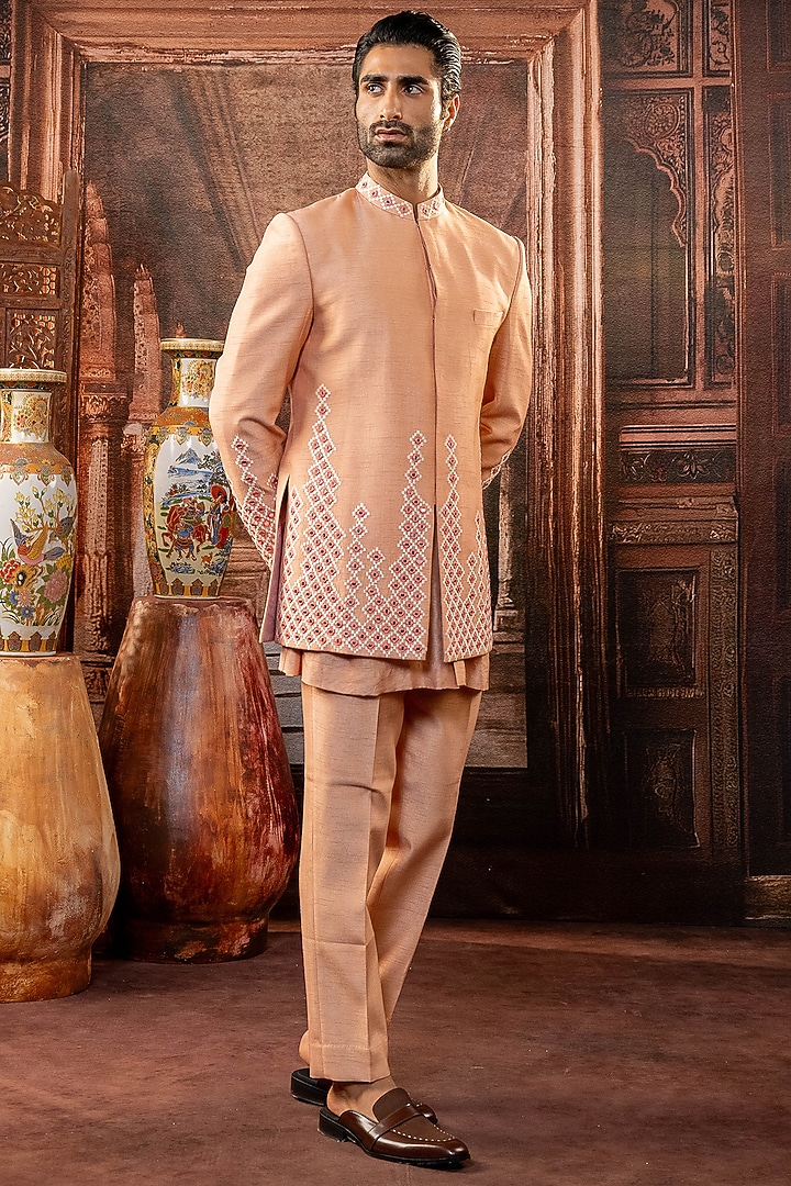 Peach Dupion Silk Mirror Work Open Wedding Indowestern Set by ADANI at Pernia's Pop Up Shop