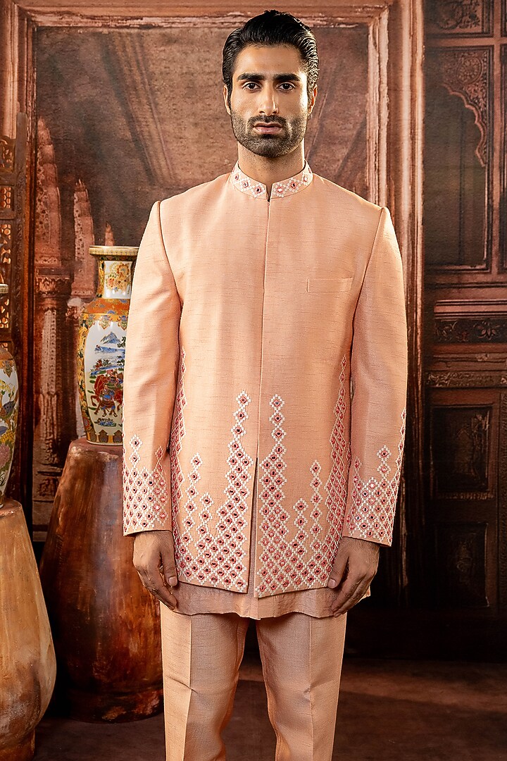 Peach Dupion Silk Mirror Work Open Wedding Indowestern Set by ADANI at Pernia's Pop Up Shop