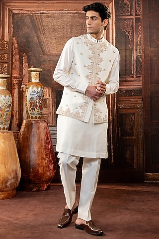 White Dupion Silk Embroidered Jacket Set by ADANI