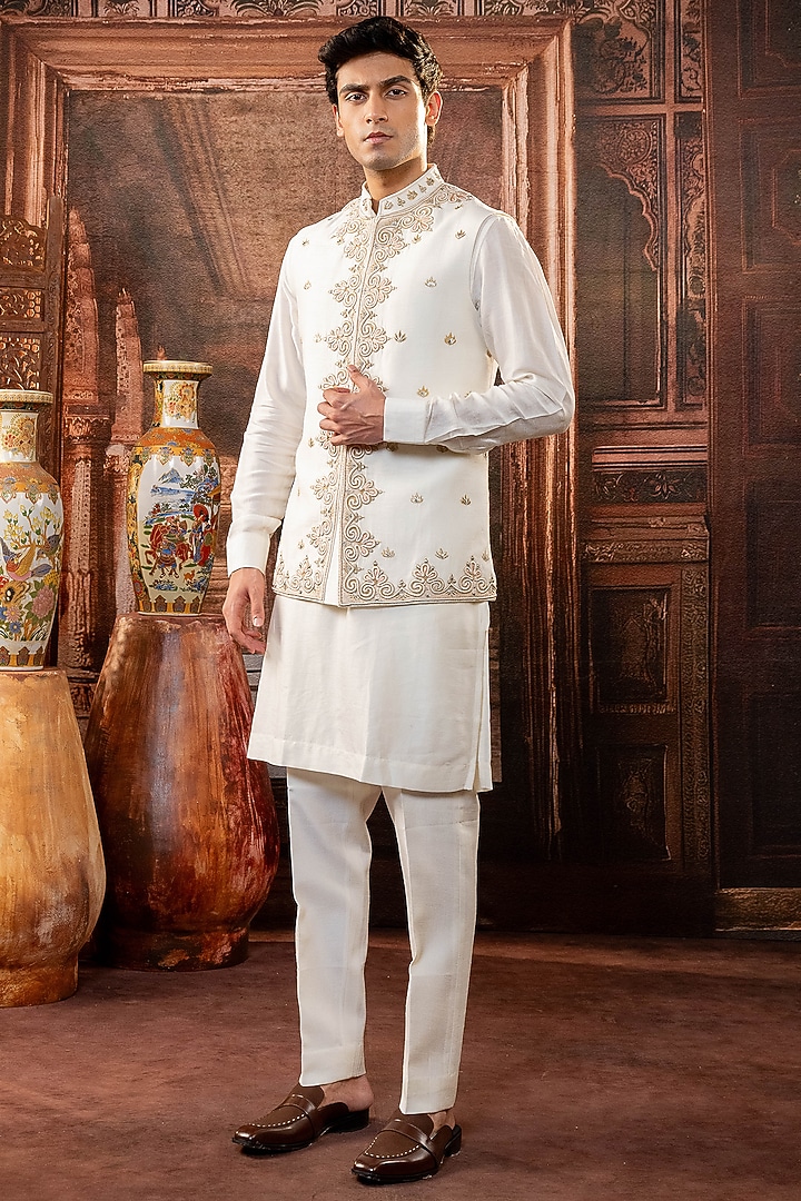 White Dupion Silk Embroidered Jacket Set by ADANI at Pernia's Pop Up Shop