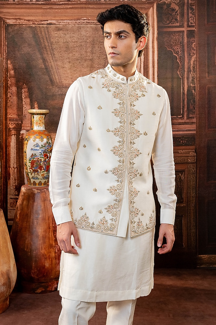 White Dupion Silk Embroidered Jacket Set by ADANI at Pernia's Pop Up Shop
