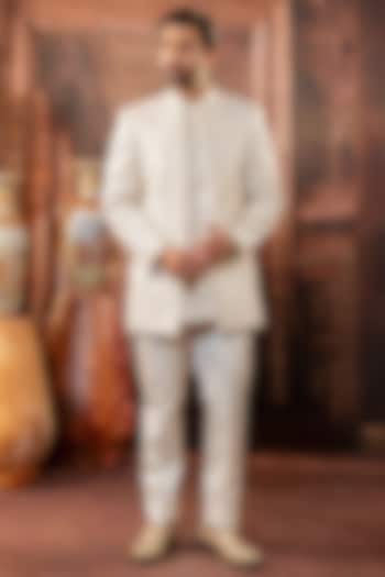 Peach Dupion Silk Mirror Work Open Wedding Indowestern Set by ADANI at Pernia's Pop Up Shop