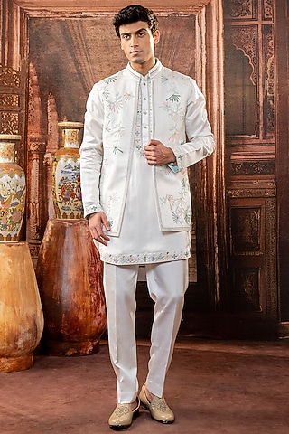 White Japanese Fabric Machine & Hand Embroidered Jacket Set by ADANI