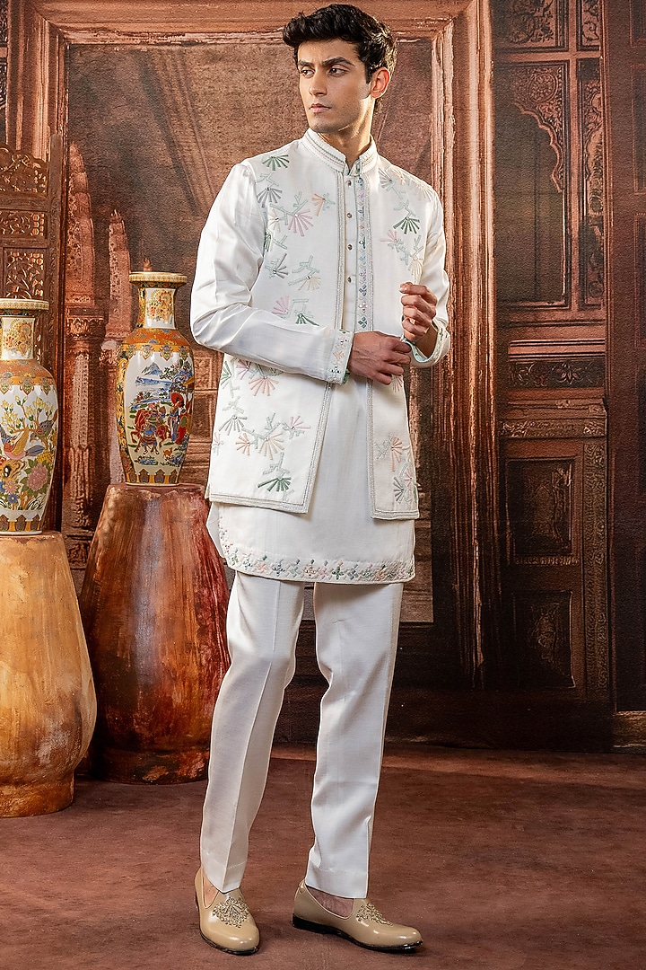 White Japanese Fabric Machine & Hand Embroidered Jacket Set by ADANI at Pernia's Pop Up Shop