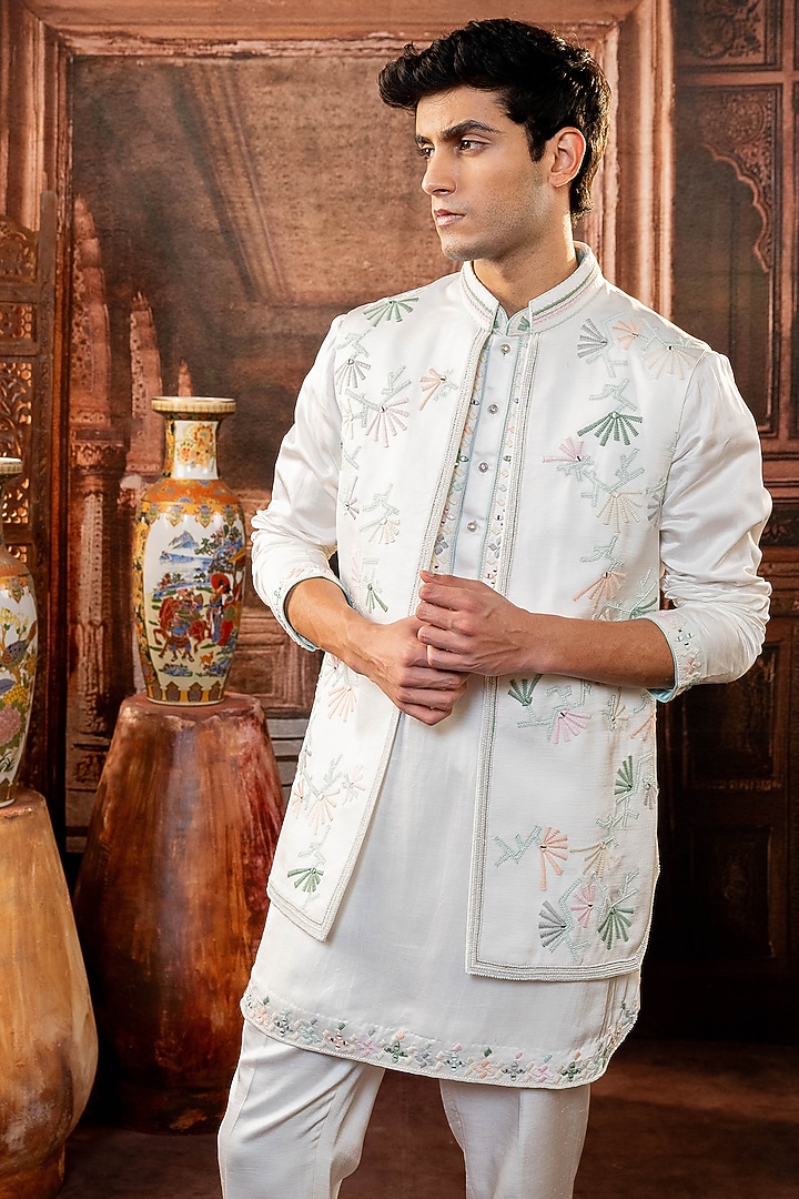 White Japanese Fabric Machine & Hand Embroidered Jacket Set by ADANI at Pernia's Pop Up Shop