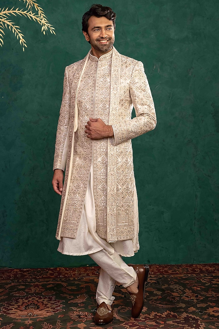 Ivory Silk Cutdana Embellished Groom Sherwani Set by ADANI at Pernia's Pop Up Shop