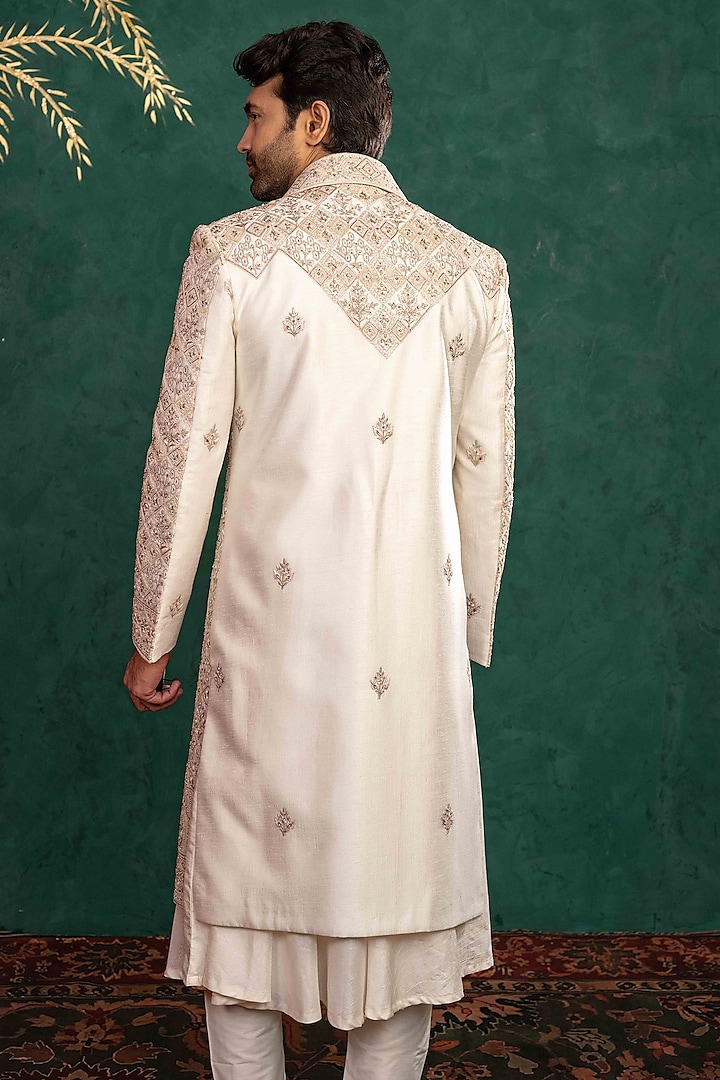 Ivory Silk Cutdana Embellished Groom Sherwani Set by ADANI at Pernia's Pop Up Shop