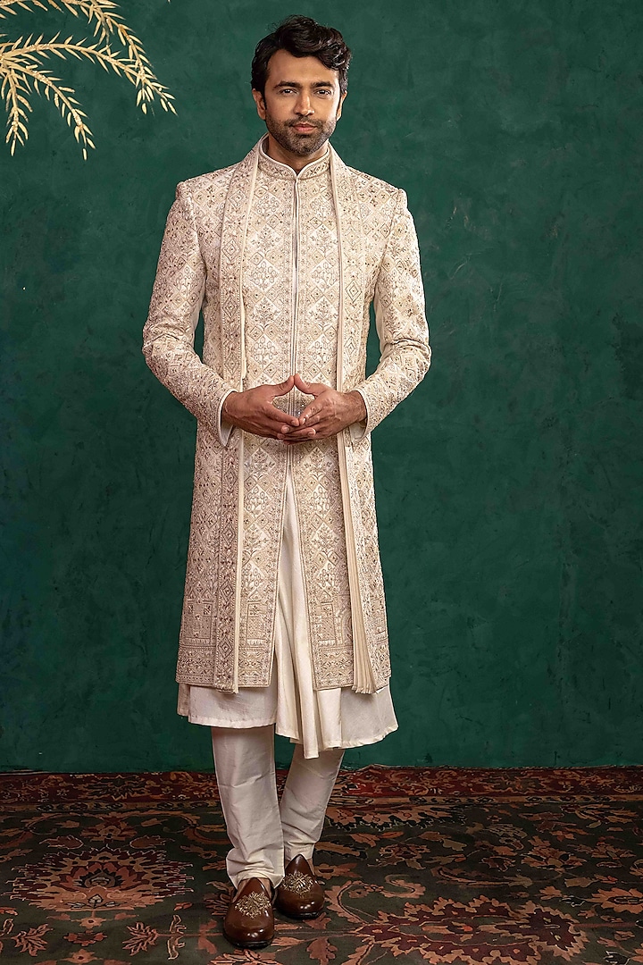 Ivory Silk Cutdana Embellished Groom Sherwani Set by ADANI at Pernia's Pop Up Shop