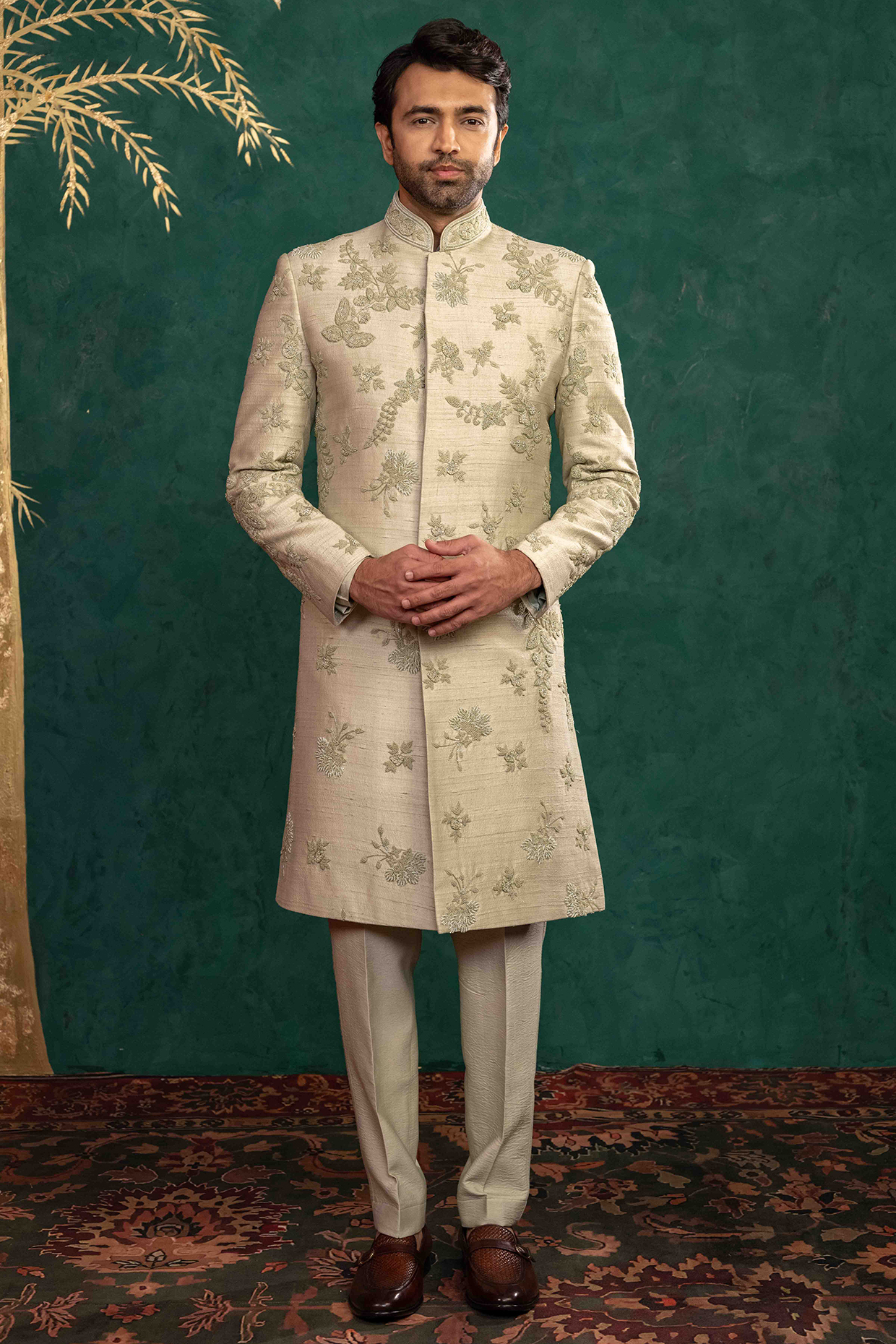 Beige Raw Silk Resham Embroidered Sherwani Set by ADANI