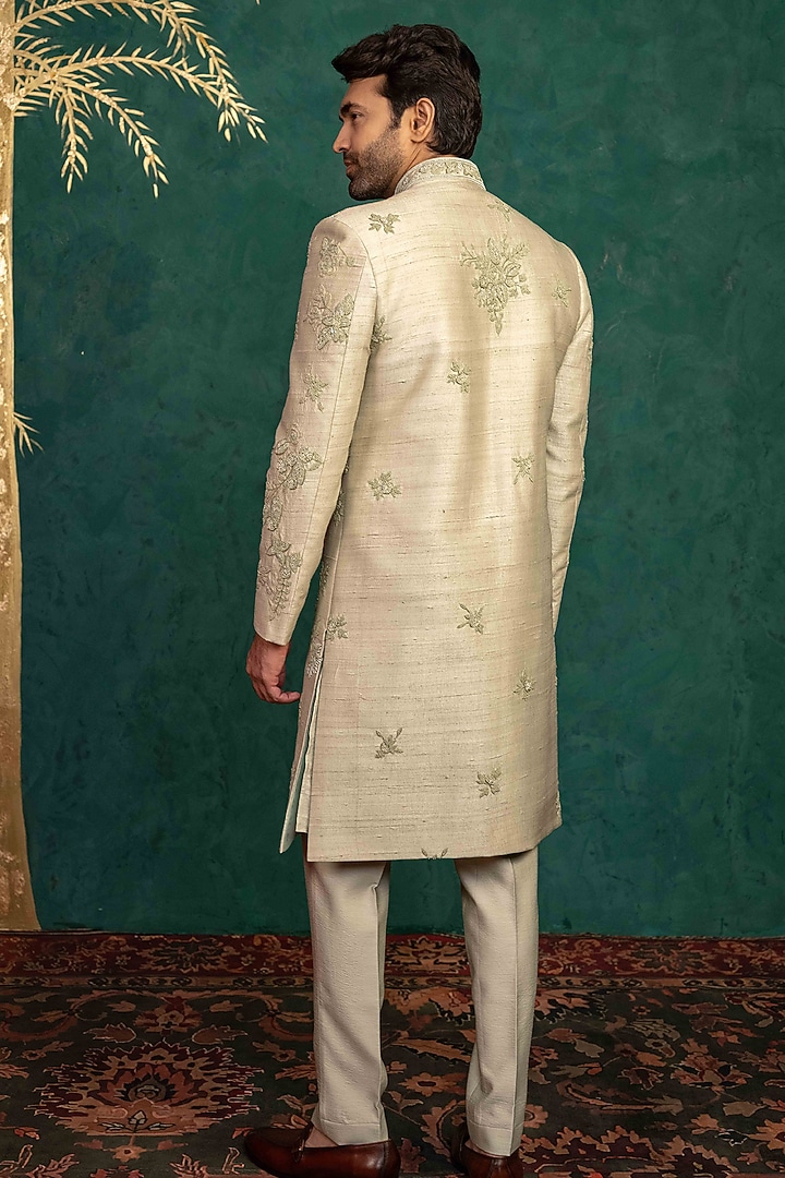 Beige Raw Silk Resham Embroidered Groom Sherwani Set by ADANI at Pernia's Pop Up Shop