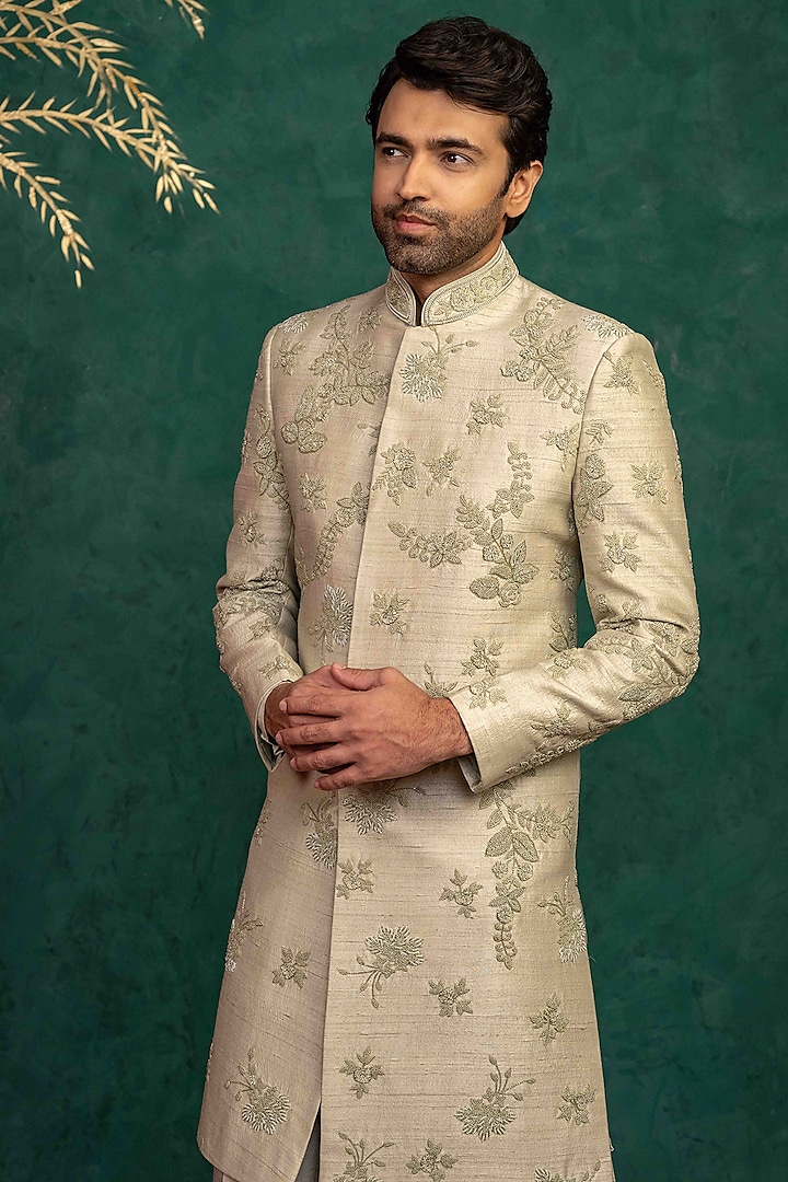 Beige Raw Silk Resham Embroidered Groom Sherwani Set by ADANI at Pernia's Pop Up Shop