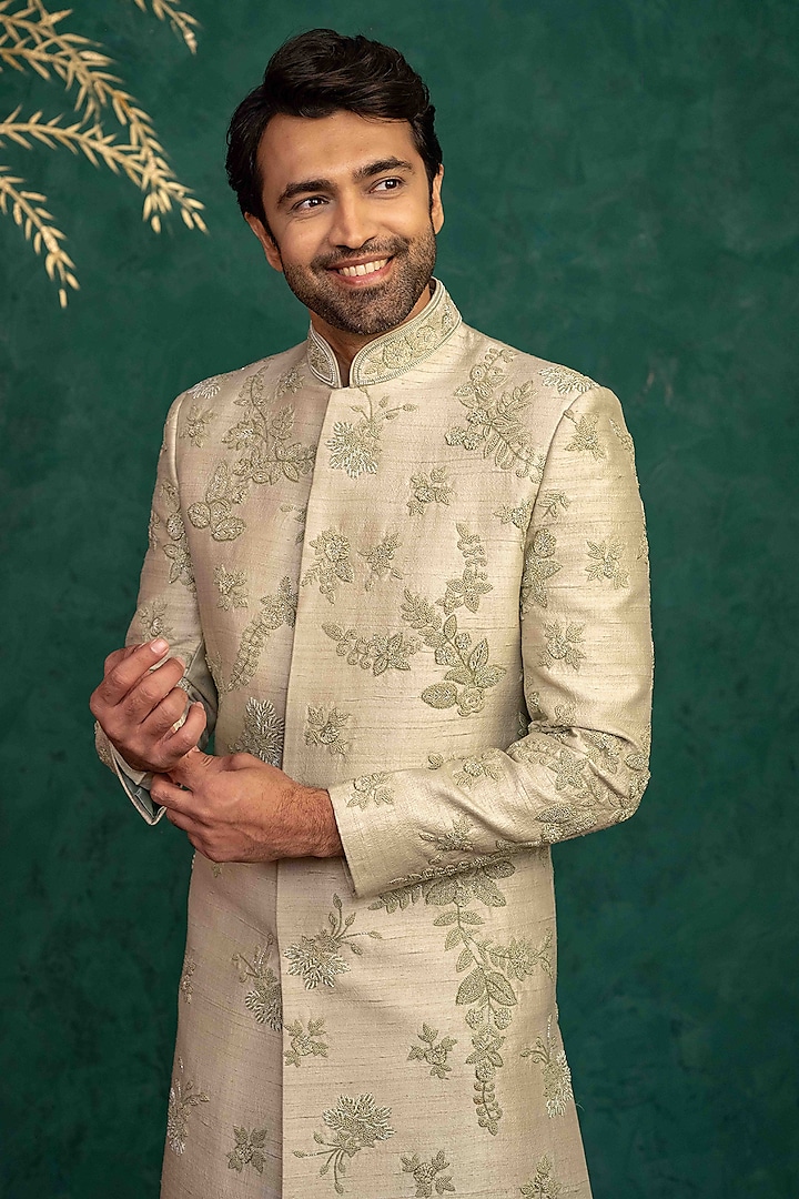 Beige Raw Silk Resham Embroidered Groom Sherwani Set by ADANI at Pernia's Pop Up Shop