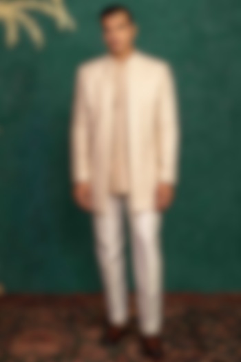 Peach Lucknowi & Chanderi Resham Embroidered Wedding Indowestern Set by ADANI at Pernia's Pop Up Shop