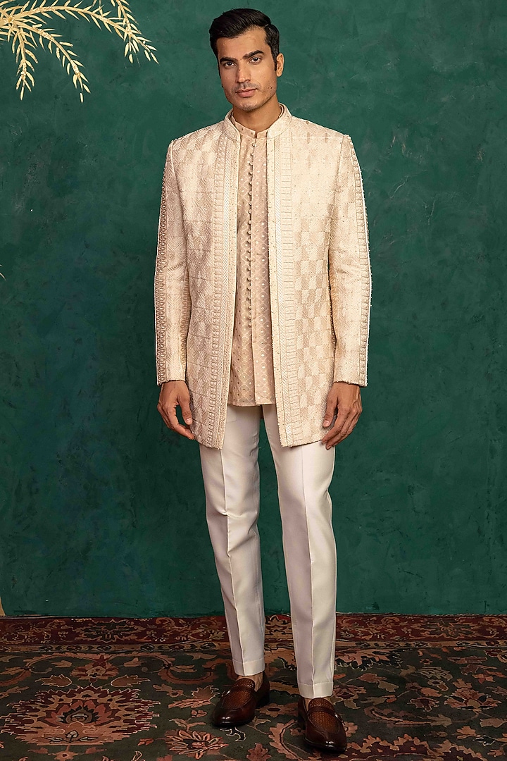 Peach Lucknowi & Chanderi Resham Embroidered Wedding Indowestern Set by ADANI at Pernia's Pop Up Shop