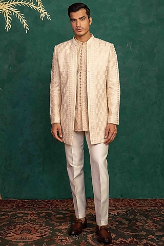 Peach Lucknowi & Chanderi Resham Embroidered Indowestern Set by ADANI