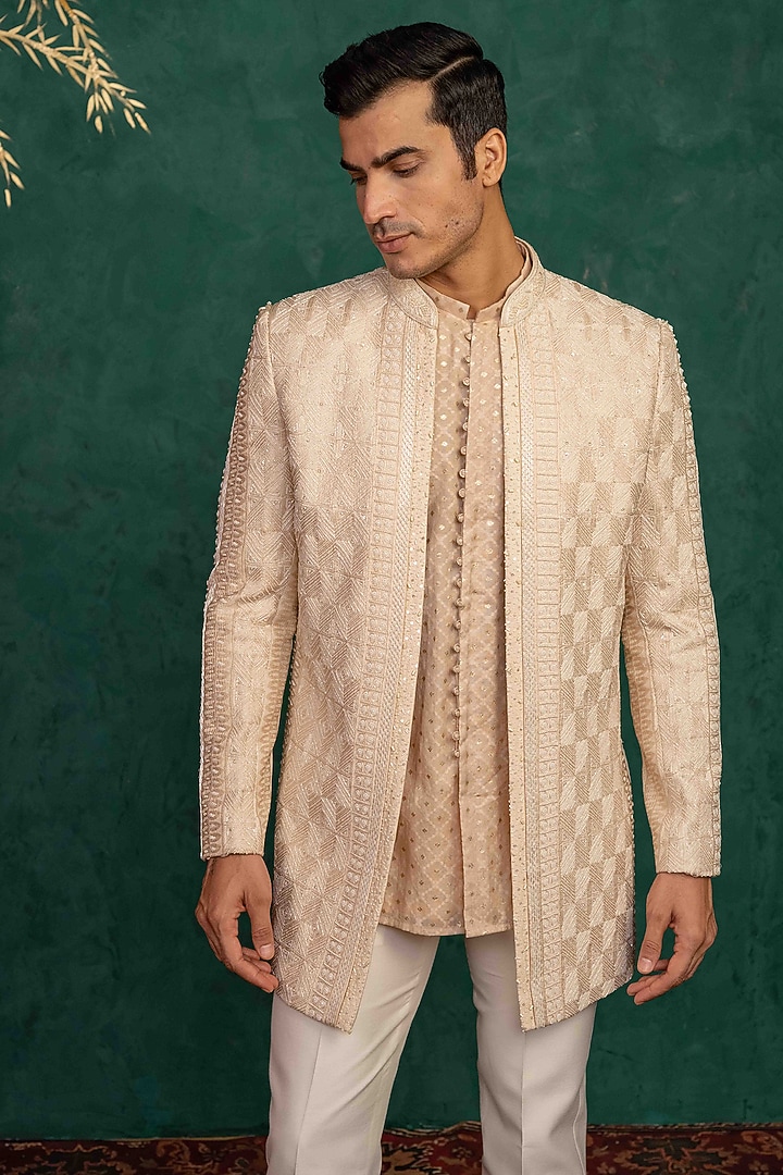 Peach Lucknowi & Chanderi Resham Embroidered Groom Indowestern Set by ADANI at Pernia's Pop Up Shop