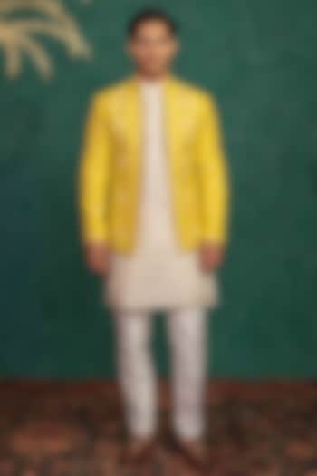 Canary Yellow Dupion Silk Mirror Embroidered Jodhpuri Set by ADANI at Pernia's Pop Up Shop