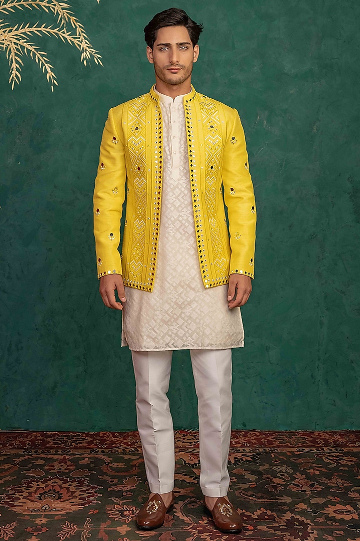 Canary Yellow Dupion Silk Mirror Embroidered Jodhpuri Set by ADANI at Pernia's Pop Up Shop