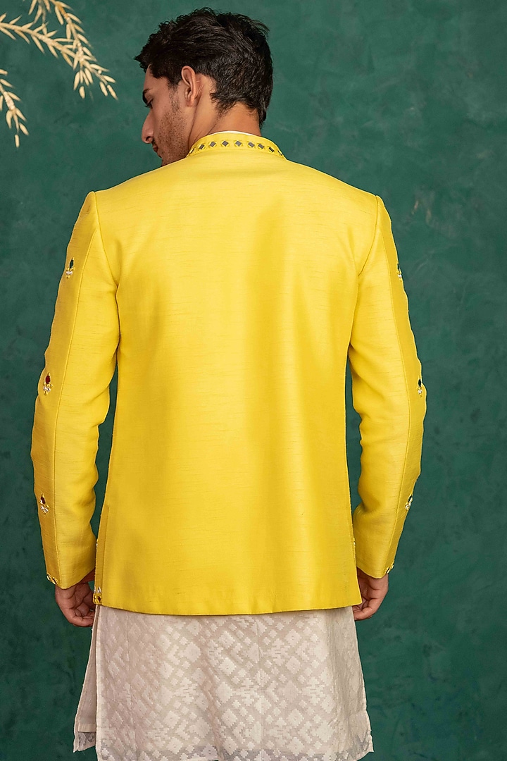 Canary Yellow Dupion Silk Mirror Embroidered Jodhpuri Set by ADANI at Pernia's Pop Up Shop