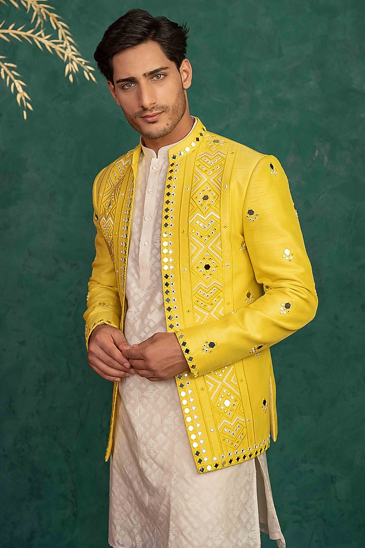 Canary Yellow Dupion Silk Mirror Embroidered Jodhpuri Set by ADANI at Pernia's Pop Up Shop
