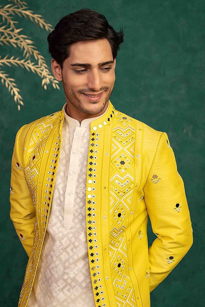 Canary Yellow Dupion Silk Mirror Embroidered Jodhpuri Set by ADANI at Pernia's Pop Up Shop