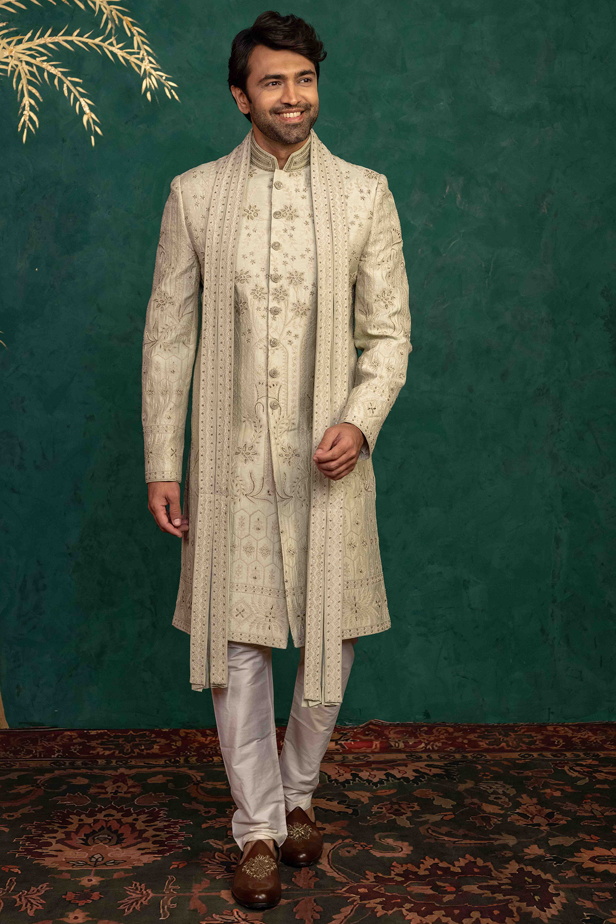 Beige Dupion Silk Zardosi Embroidered Sherwani Set by ADANI