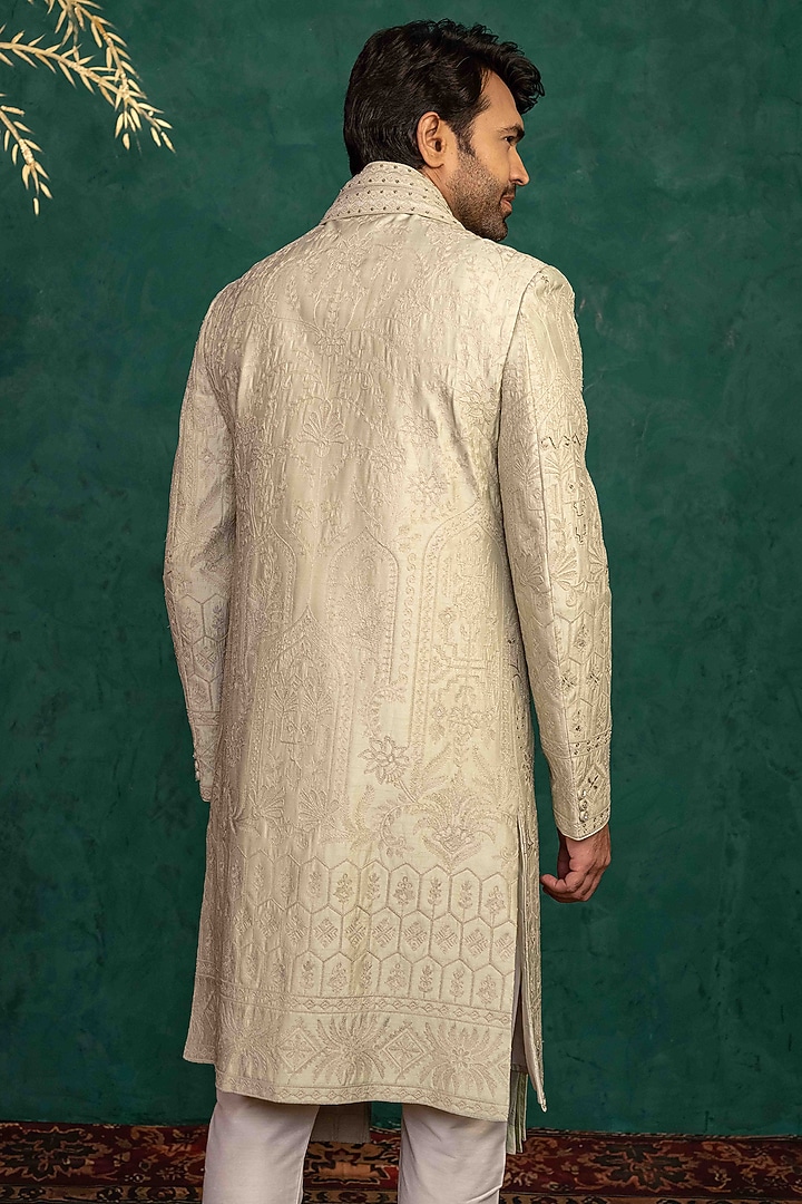 Beige Dupion Silk Zardosi Embroidered Wedding Sherwani Set by ADANI at Pernia's Pop Up Shop