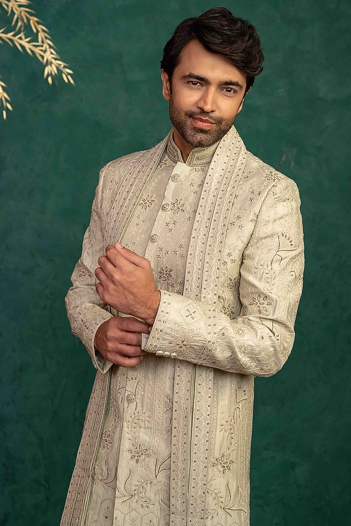 Beige Dupion Silk Zardosi Embroidered Wedding Sherwani Set by ADANI at Pernia's Pop Up Shop