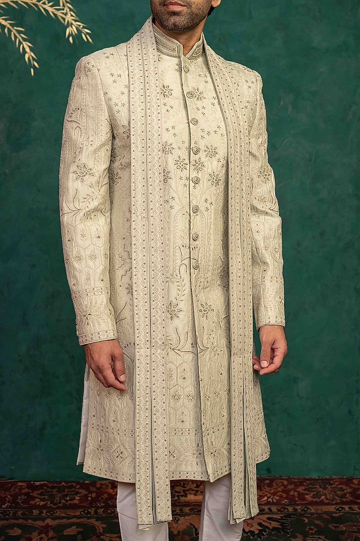 Beige Dupion Silk Zardosi Embroidered Wedding Sherwani Set by ADANI at Pernia's Pop Up Shop
