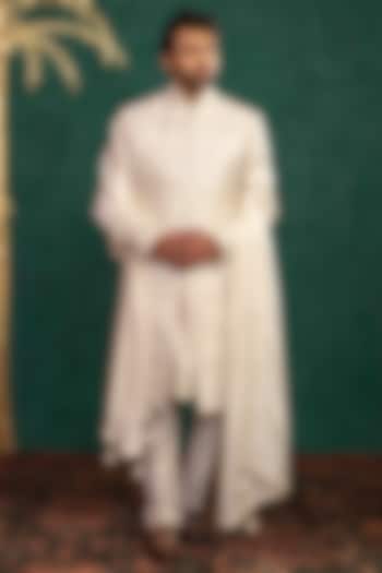 Ivory Dupion Silk Zardosi Embroidered Groom Sherwani Set by ADANI at Pernia's Pop Up Shop