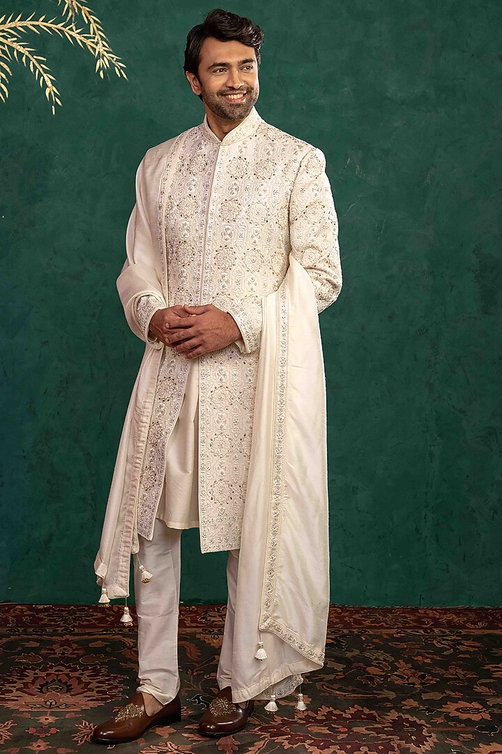 Ivory Dupion Silk Zardosi Embroidered Groom Sherwani Set by ADANI at Pernia's Pop Up Shop