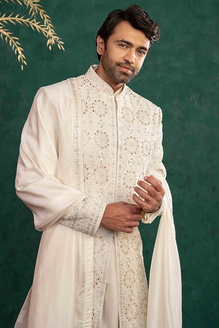 Ivory Dupion Silk Zardosi Embroidered Groom Sherwani Set by ADANI at Pernia's Pop Up Shop