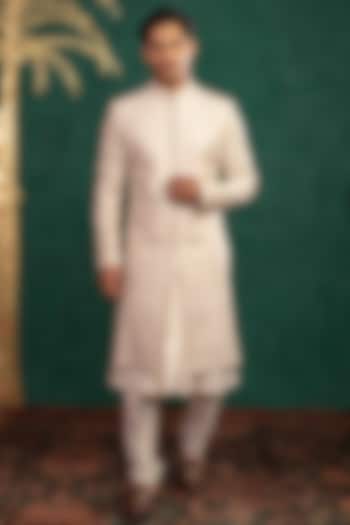 Powder Pink Raw Silk Resham Embroidered Wedding Sherwani Set by ADANI at Pernia's Pop Up Shop