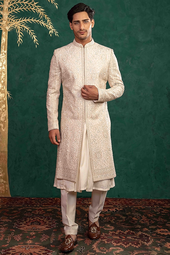 Powder Pink Raw Silk Resham Embroidered Wedding Sherwani Set by ADANI at Pernia's Pop Up Shop
