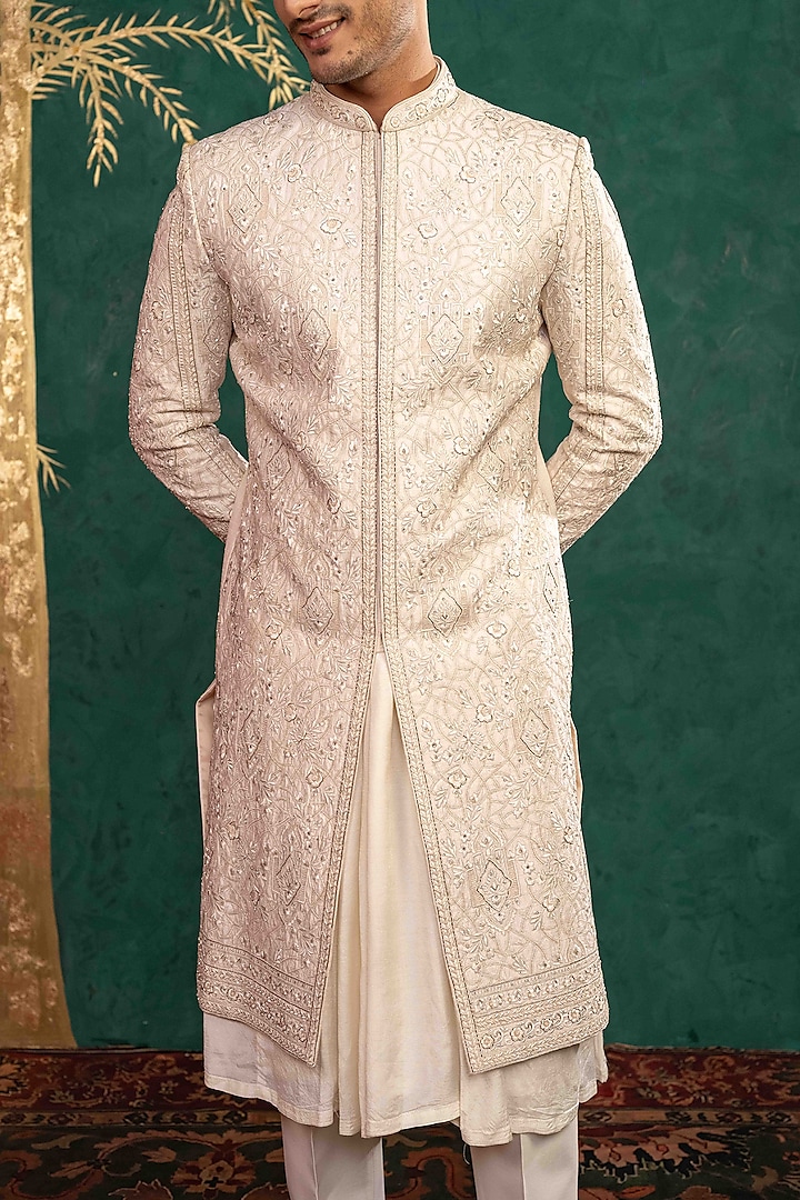 Powder Pink Raw Silk Resham Embroidered Groom Sherwani Set by ADANI at Pernia's Pop Up Shop