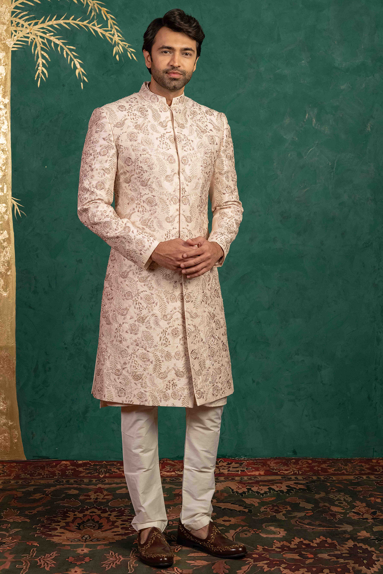 Blush Pink Raw Silk Zardosi Embroidered Sherwani Set by ADANI