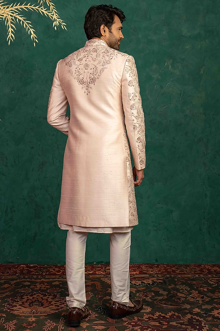 Blush Pink Raw Silk Zardosi Embroidered Groom Sherwani Set by ADANI at Pernia's Pop Up Shop
