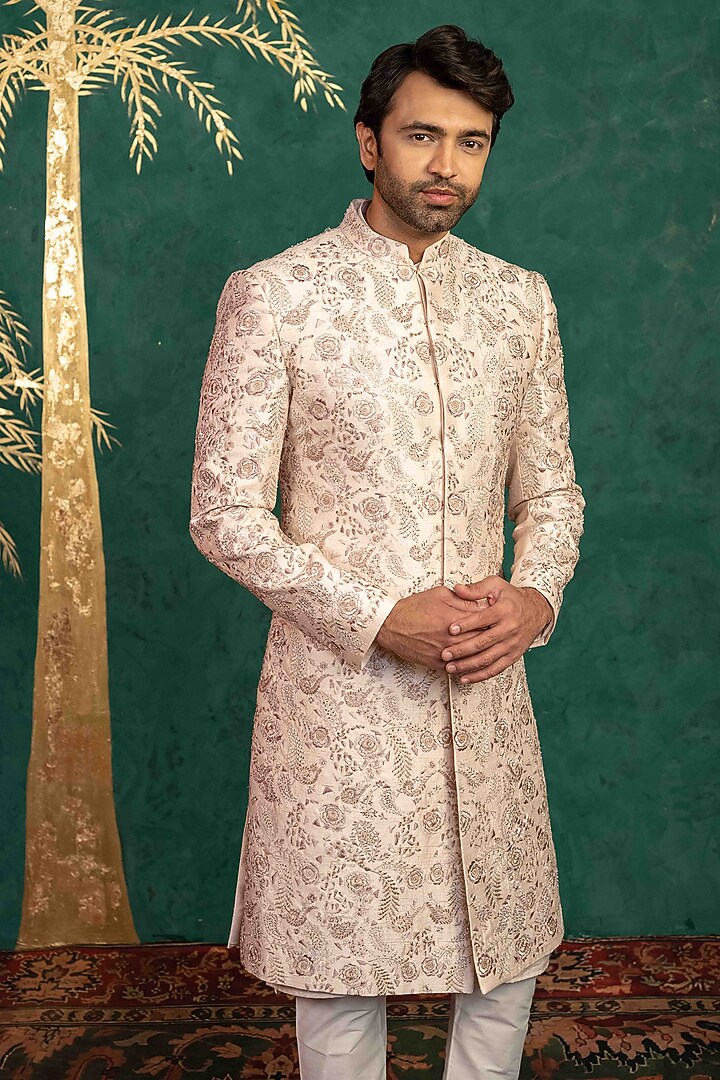 Blush Pink Raw Silk Zardosi Embroidered Groom Sherwani Set by ADANI at Pernia's Pop Up Shop
