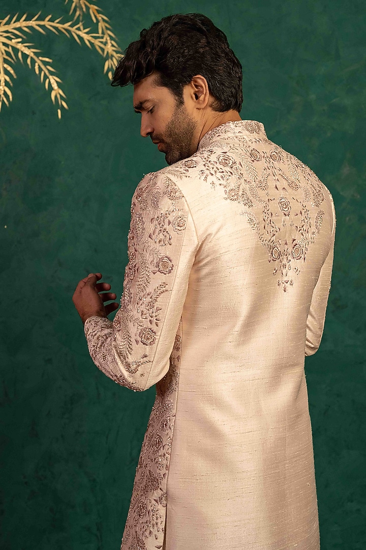 Blush Pink Raw Silk Zardosi Embroidered Groom Sherwani Set by ADANI at Pernia's Pop Up Shop
