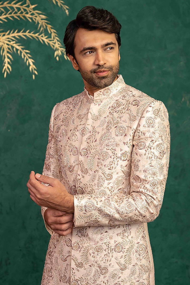 Blush Pink Raw Silk Zardosi Embroidered Groom Sherwani Set by ADANI at Pernia's Pop Up Shop