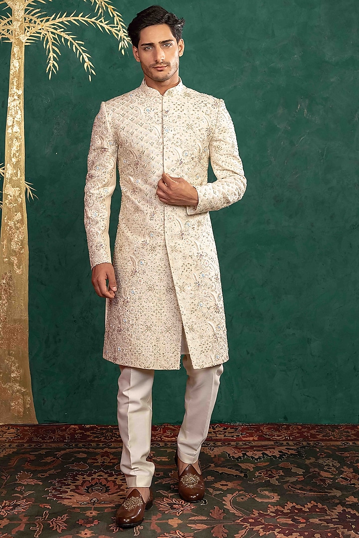 Ivory Raw Silk Resham Embroidered Groom Sherwani Set by ADANI at Pernia's Pop Up Shop