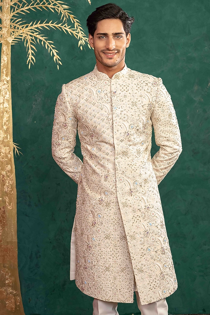 Ivory Raw Silk Resham Embroidered Groom Sherwani Set by ADANI at Pernia's Pop Up Shop