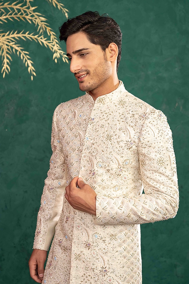 Ivory Raw Silk Resham Embroidered Groom Sherwani Set by ADANI at Pernia's Pop Up Shop