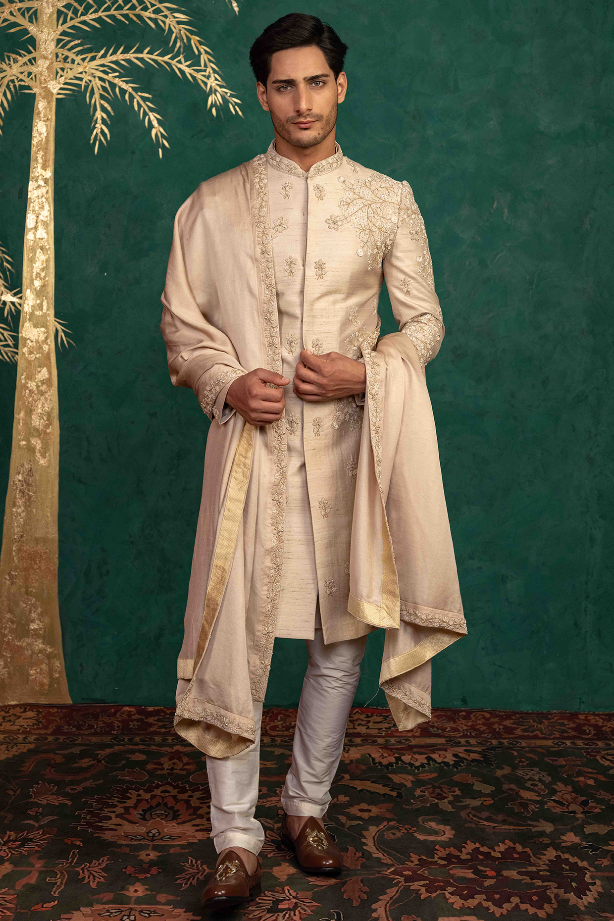 Champagne Gold Raw Silk Hand Embroidered Sherwani Set by ADANI